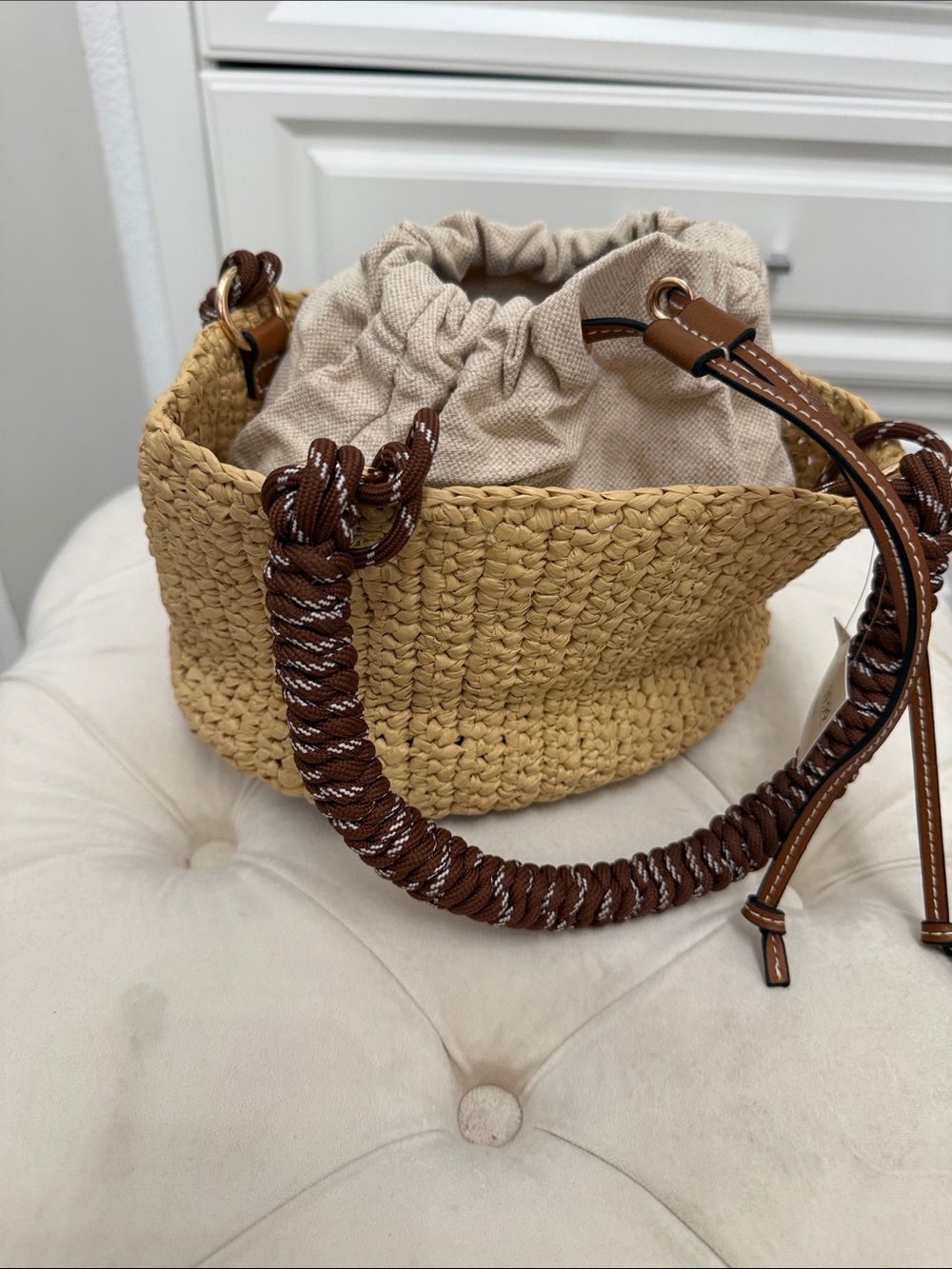 H&M Woven Straw Tote with Beige Linen Drawstring and Brown Rope Handle